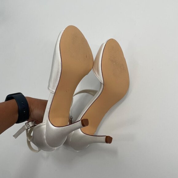 White Satin Open Toe Strappy Ankle Strap Heels Womens Size 9.5 Bridal Wedding - Picture 5 of 7